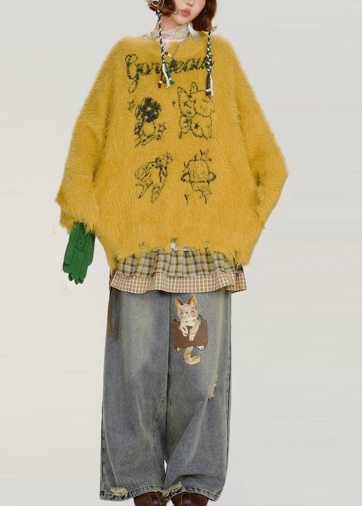 Handmade Yellow Oversized Print Fuzzy Fur Fluffy Knit Sweater Tops Winter
