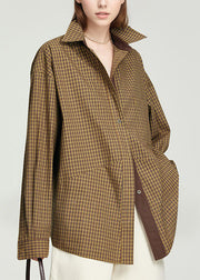 Handmade Yellow Peter Pan Collar Plaid Patchwork Button Shirt Fall