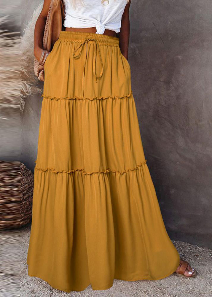 Handmade Yellow Ruffled Patchwork Elastic Waist Maxi Skirt Summer