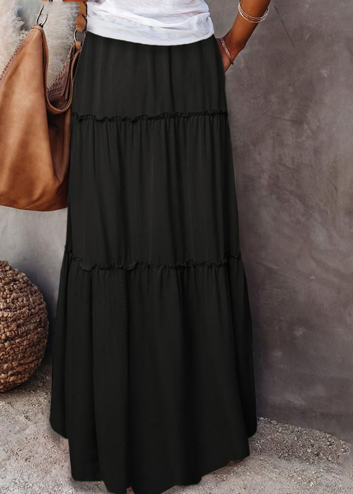 Handmade Yellow Ruffled Patchwork Elastic Waist Maxi Skirt Summer
