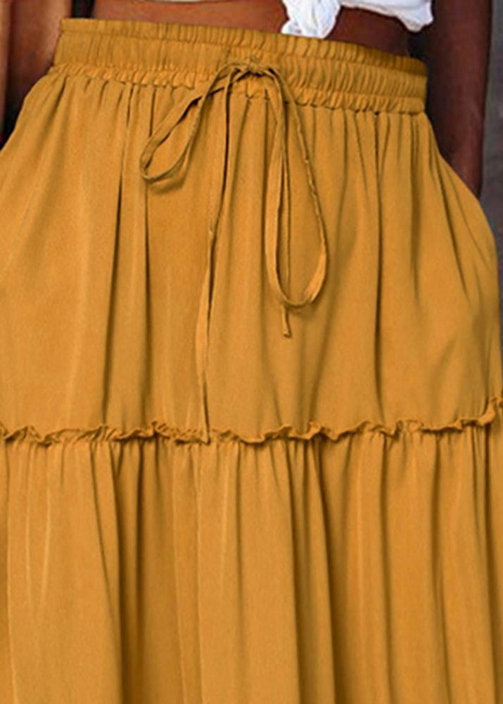 Handmade Yellow Ruffled Patchwork Elastic Waist Maxi Skirt Summer