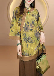 Handmade Yellow Stand Collar Print Silk Blouse Top Fall