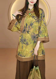 Handmade Yellow Stand Collar Print Silk Blouse Top Fall