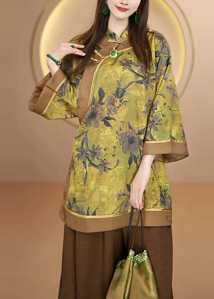 Handmade Yellow Stand Collar Print Silk Blouse Top Fall