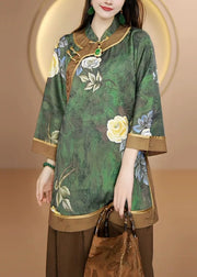 Handmade Yellow Stand Collar Print Silk Blouse Top Fall