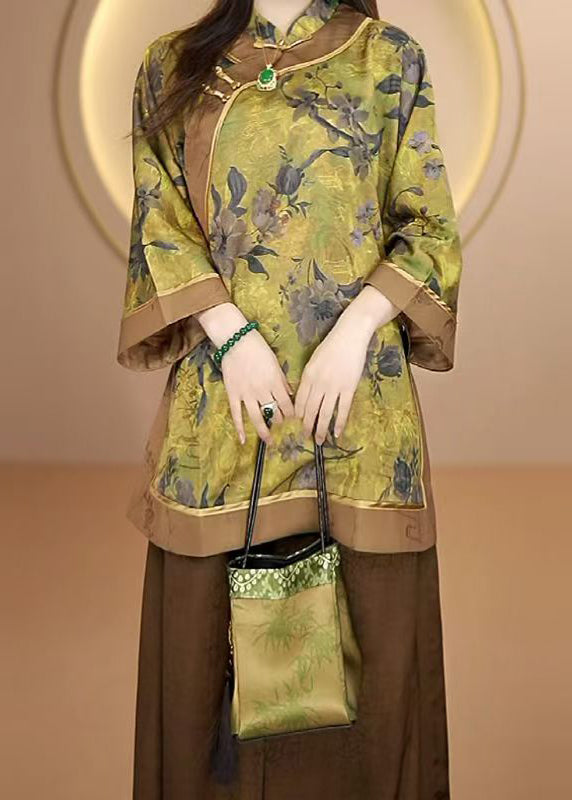 Handmade Yellow Stand Collar Print Silk Blouse Top Fall