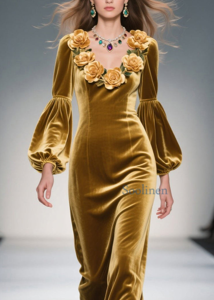 Handmade Yellow V Neck Floral Velvet Long Dresses Fall