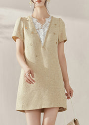 Handmade Yellow V Neck Lace Patchwork Mid Dresses Short Sleeve