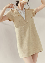 Handmade Yellow V Neck Lace Patchwork Mid Dresses Short Sleeve