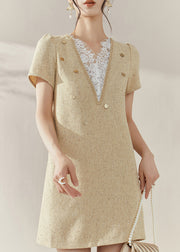 Handmade Yellow V Neck Lace Patchwork Mid Dresses Short Sleeve