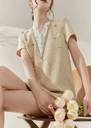 Handmade Yellow V Neck Lace Patchwork Mid Dresses Short Sleeve