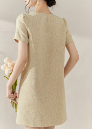 Handmade Yellow V Neck Lace Patchwork Mid Dresses Short Sleeve