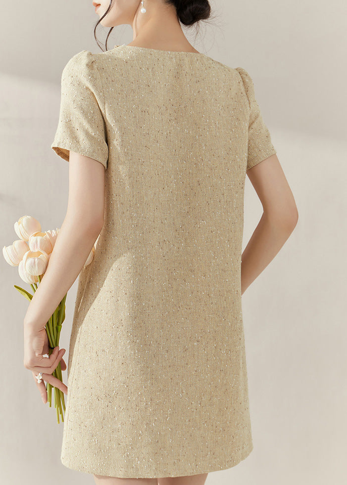Handmade Yellow V Neck Lace Patchwork Mid Dresses Short Sleeve