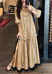Handmade Yellow Wrinkled Lace Up Patchwork Cotton Dresses Summer