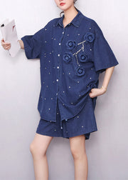 Handsome Navy Embroidered Floral Nail Bead Two Piece Set Summer