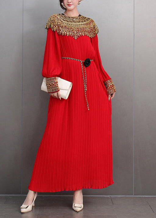 Haute Couture Moment Red Pleated Gown Gold Accents Autumn