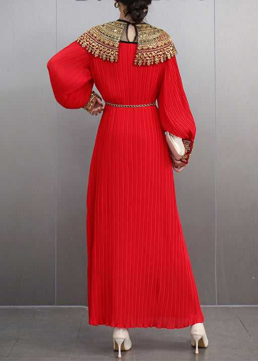 Haute Couture Moment Red Pleated Gown Gold Accents Autumn