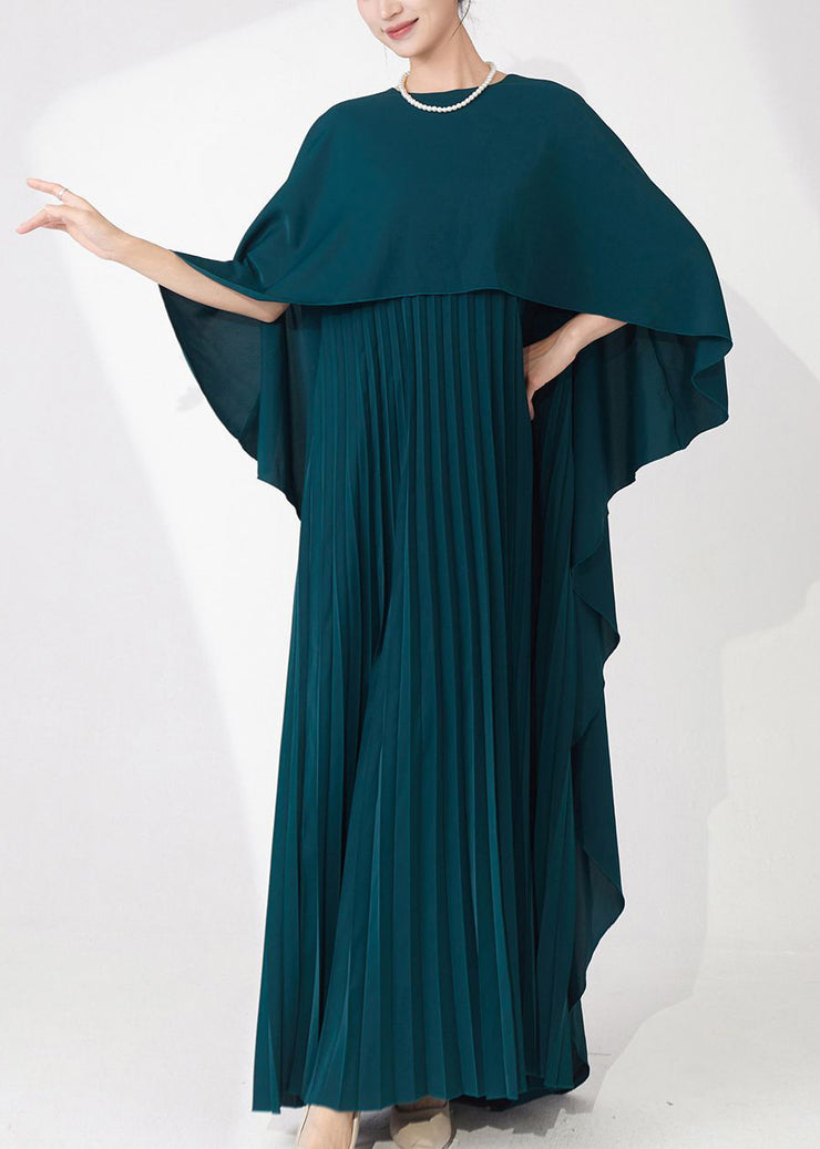 High Quality Teal Cape-Style Wrinkled Chiffon Party Dress Fall
