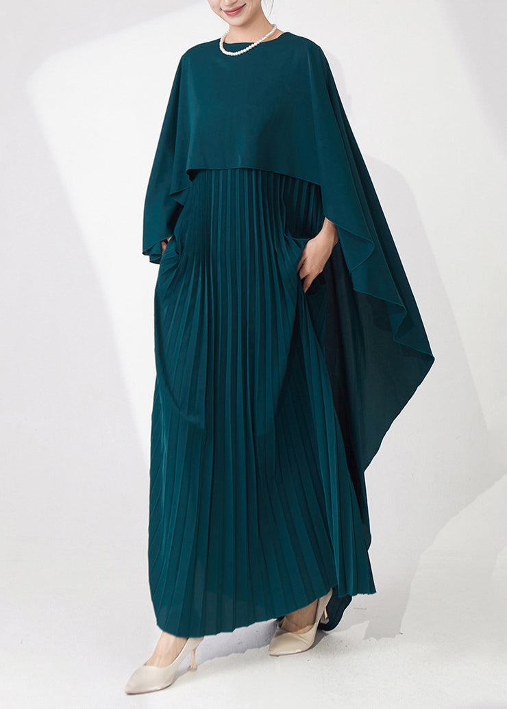 High Quality Teal Cape-Style Wrinkled Chiffon Party Dress Fall