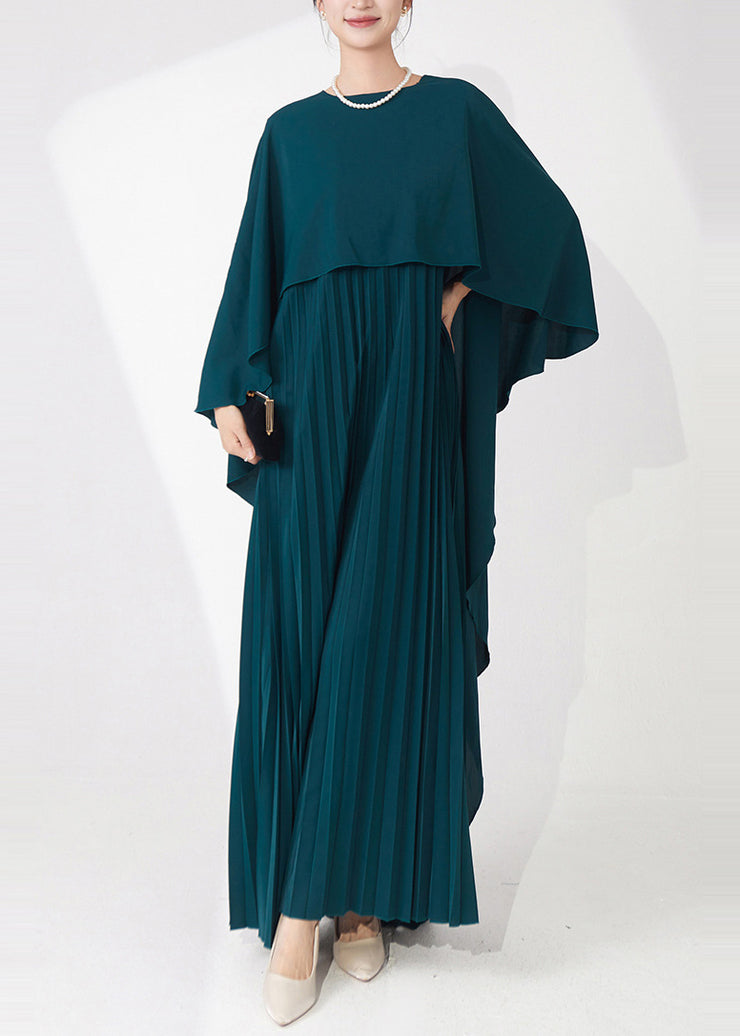 High Quality Teal Cape-Style Wrinkled Chiffon Party Dress Fall