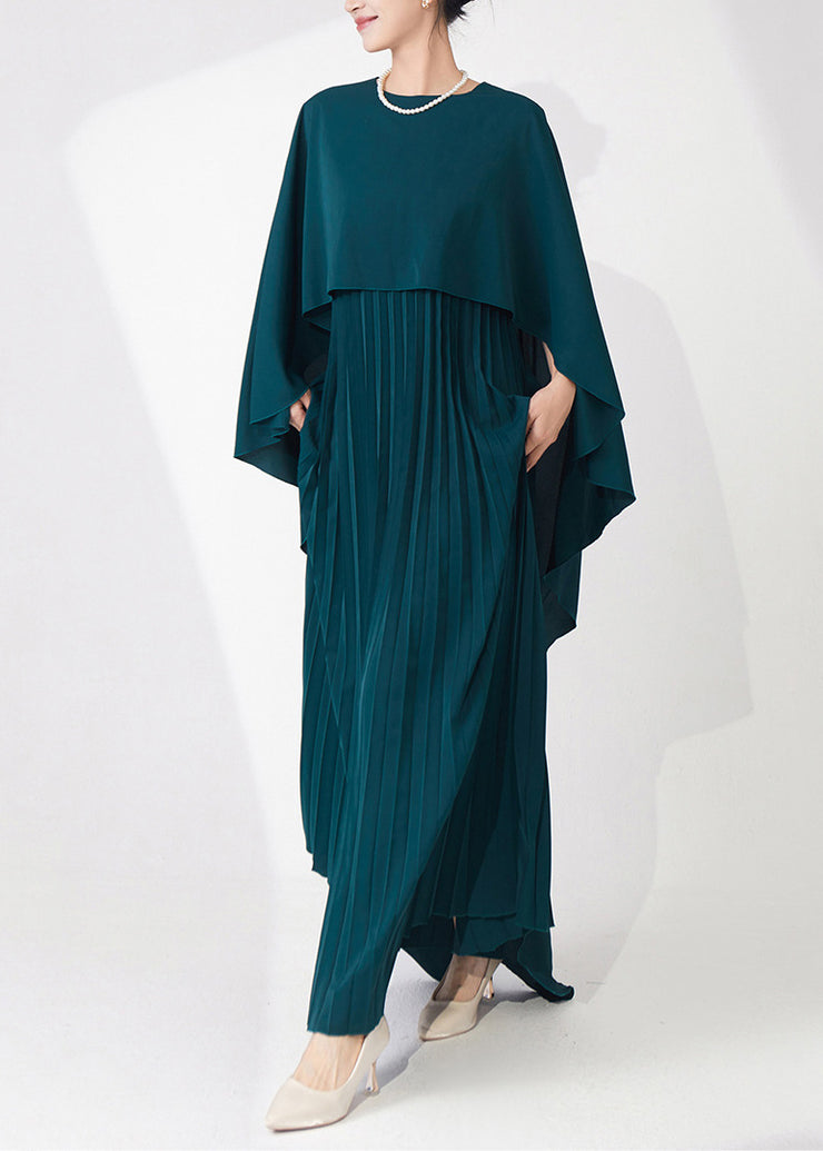 High Quality Teal Cape-Style Wrinkled Chiffon Party Dress Fall