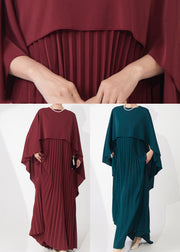 High Quality Teal Cape-Style Wrinkled Chiffon Party Dress Fall
