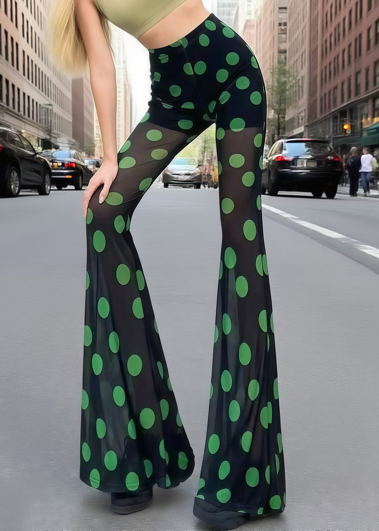 Hot Green Dot Print Tulle Sheer Bell-bottom Trousers Summer