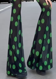 Hot Green Dot Print Tulle Sheer Bell-bottom Trousers Summer