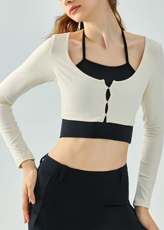 Hot Light Blue Patchwork Button Fake Two Pieces Yoga Top Fall