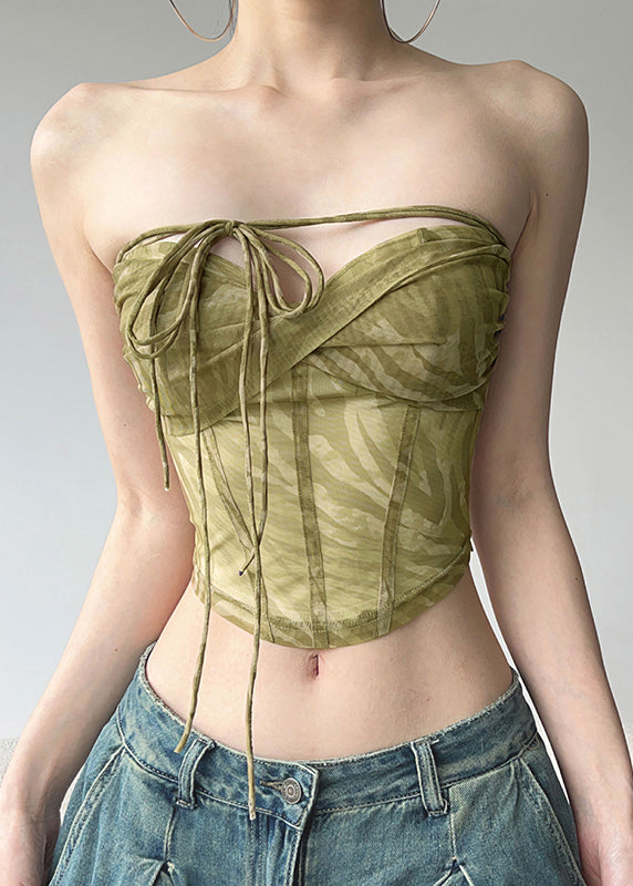 Hot Light Green Tie Waist Tulle Tops Summer