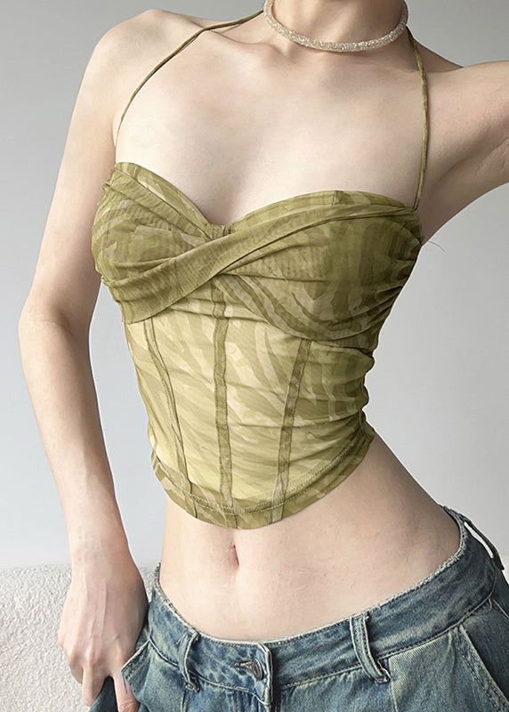 Hot Light Green Tie Waist Tulle Tops Summer
