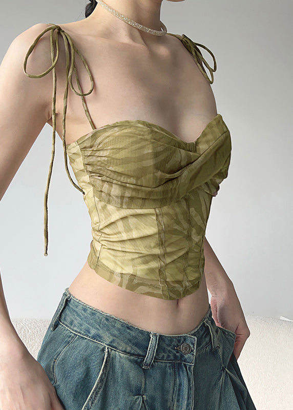 Hot Light Green Tie Waist Tulle Tops Summer