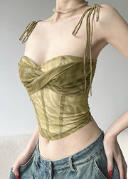 Hot Light Green Tie Waist Tulle Tops Summer