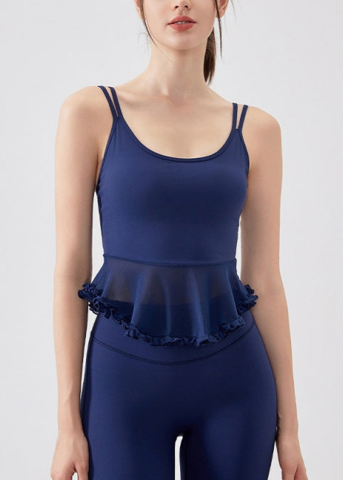 Hot Navy Ruffled Patchwork Sexy Sports Bra