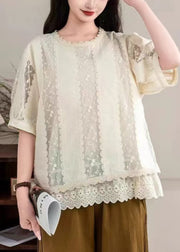 Italian Apricot Embroidered Patchwork Lace Shirt Tops Summer