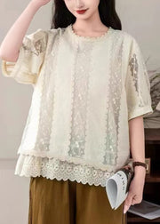 Italian Apricot Embroidered Patchwork Lace Shirt Tops Summer