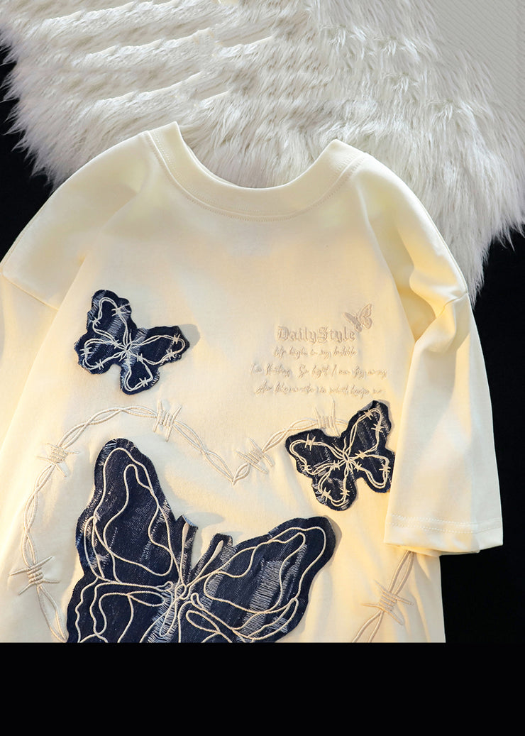 Italian Apricot Embroideried Butterfly Cotton T Shirts Men Apparel Summer