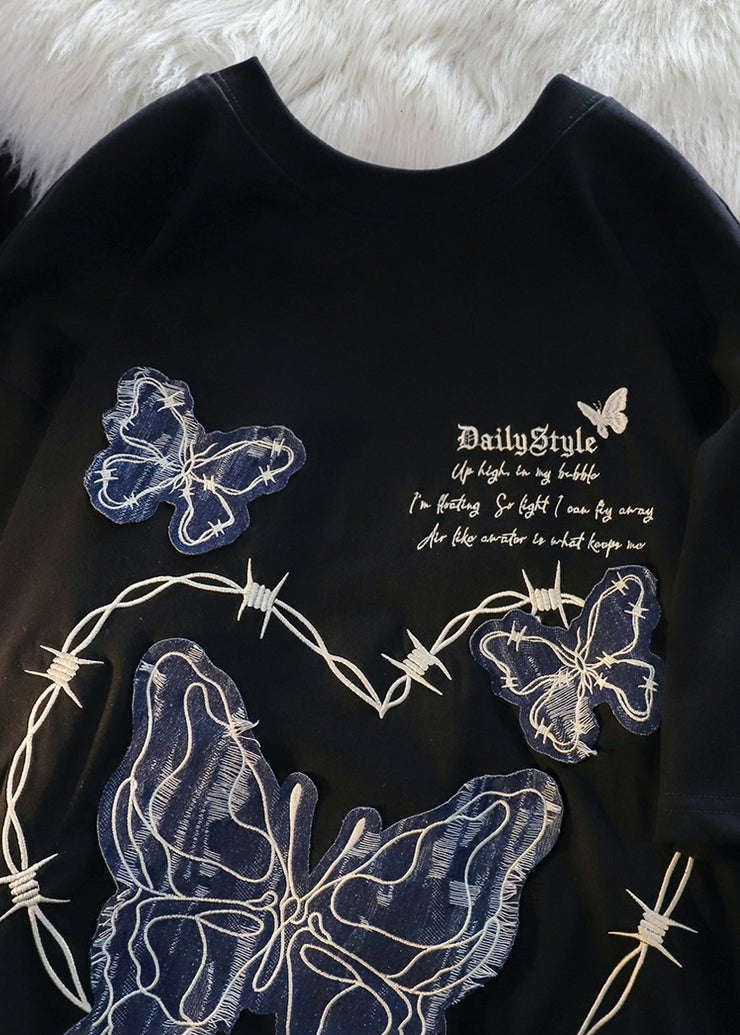 Italian Apricot Embroideried Butterfly Cotton T Shirts Men Apparel Summer