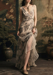 Italian Apricot Print Chiffon Tea Dress Summer