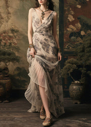 Italian Apricot Print Chiffon Tea Dress Summer
