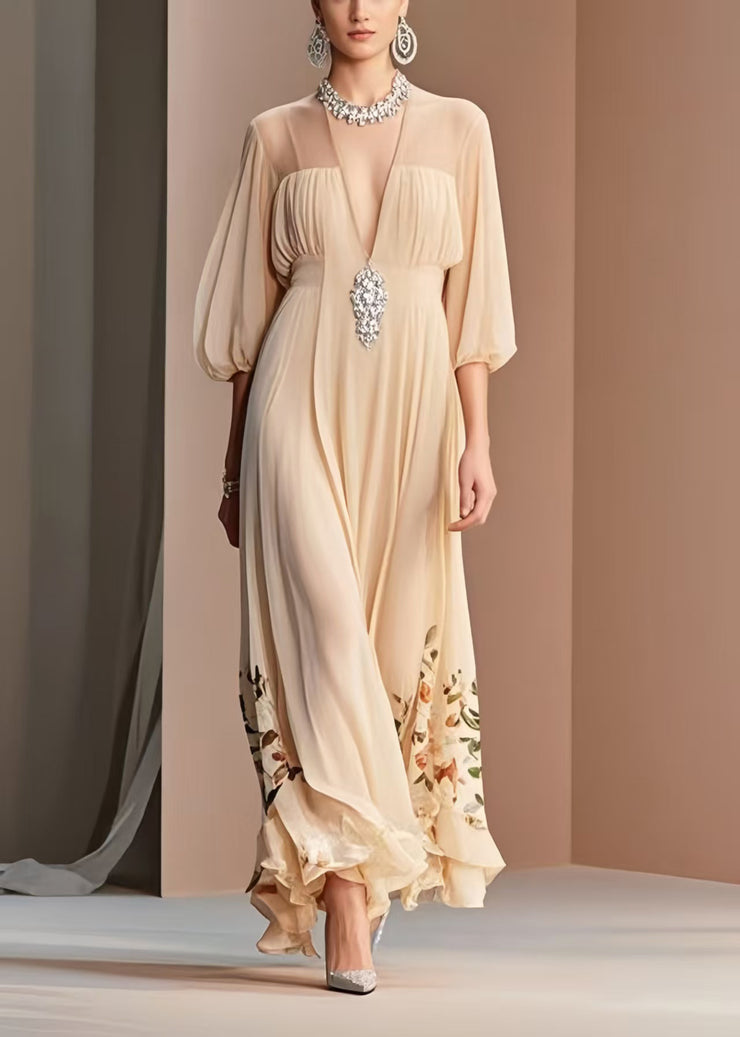 Italian Apricot Print Draping Chiffon Dresses Bracelet Sleeve