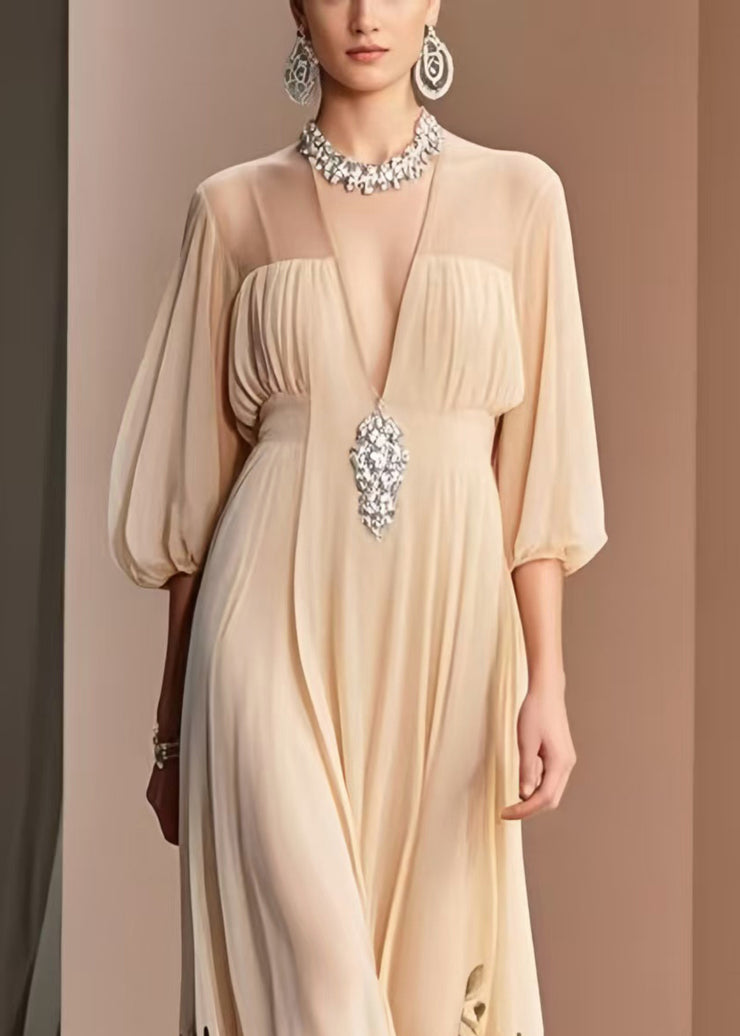Italian Apricot Print Draping Chiffon Dresses Bracelet Sleeve