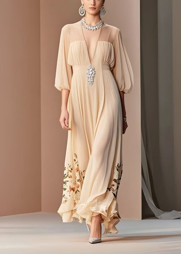Italian Apricot Print Draping Chiffon Dresses Bracelet Sleeve