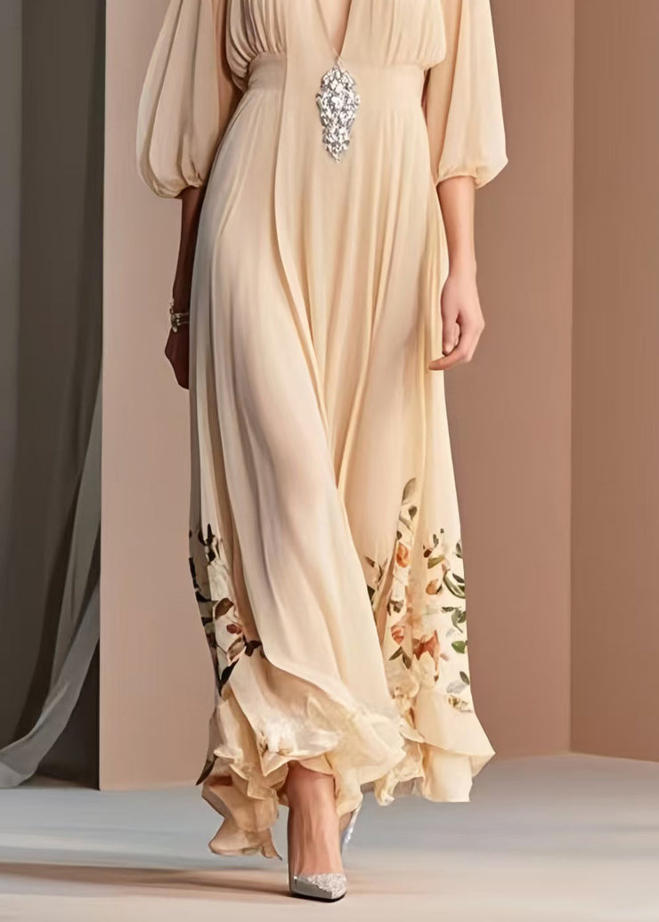 Italian Apricot Print Draping Chiffon Dresses Bracelet Sleeve