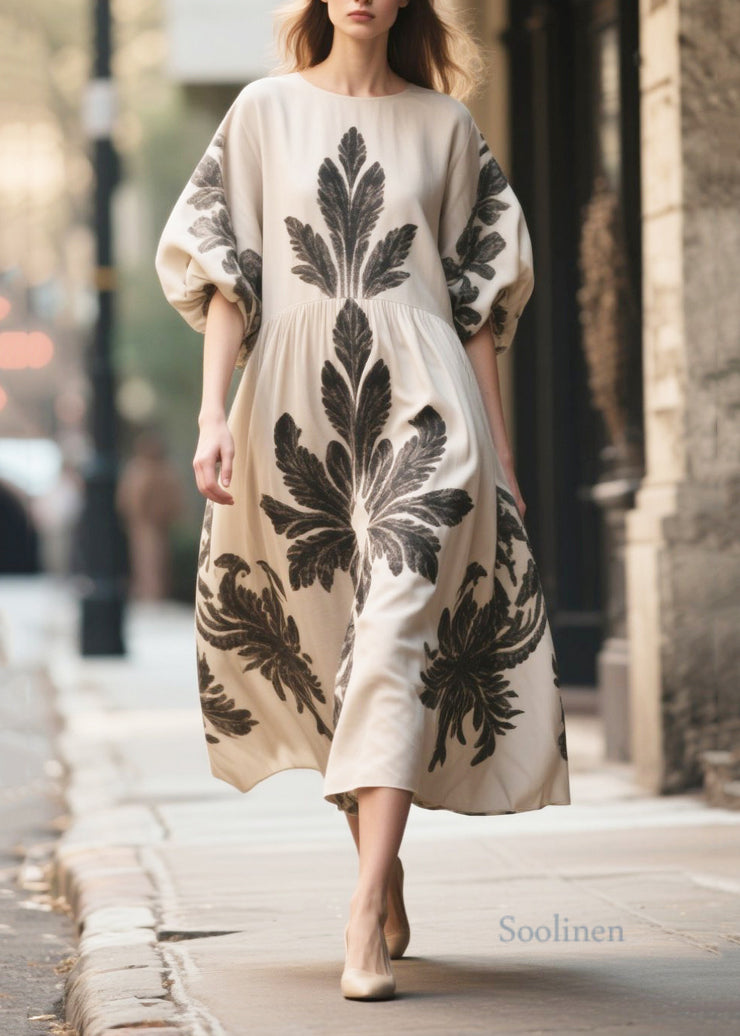 Italian Apricot Puff Sleeve Print Chiffon Long Dress