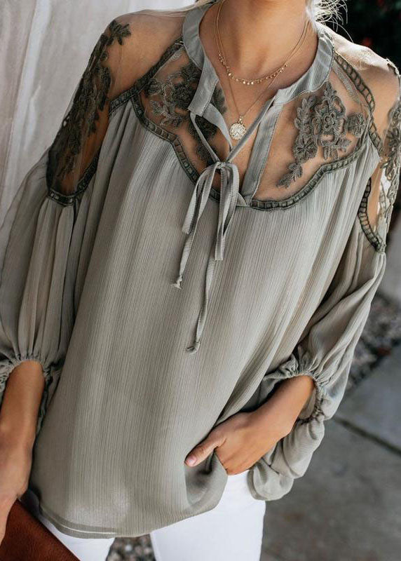 Italian Army Green Tulle Patchwork Chiffon Top Fall