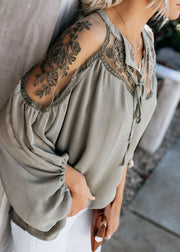 Italian Army Green Tulle Patchwork Chiffon Top Fall