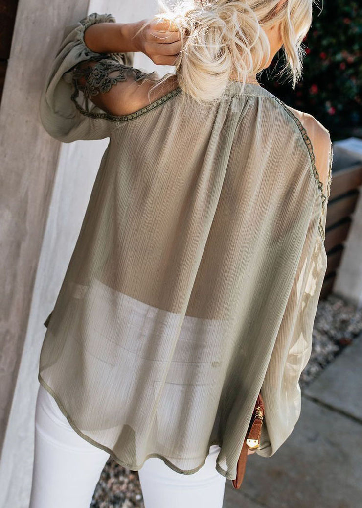 Italian Army Green Tulle Patchwork Chiffon Top Fall