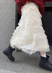 Italian Beige Layered Solid Elastic Waist Tulle Skirts Summer