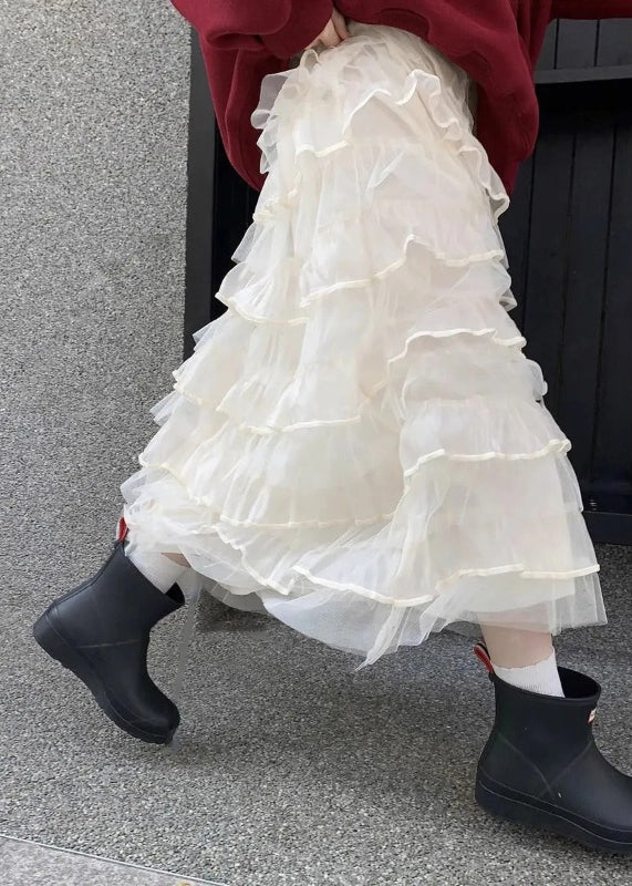 Italian Beige Layered Solid Elastic Waist Tulle Skirts Summer